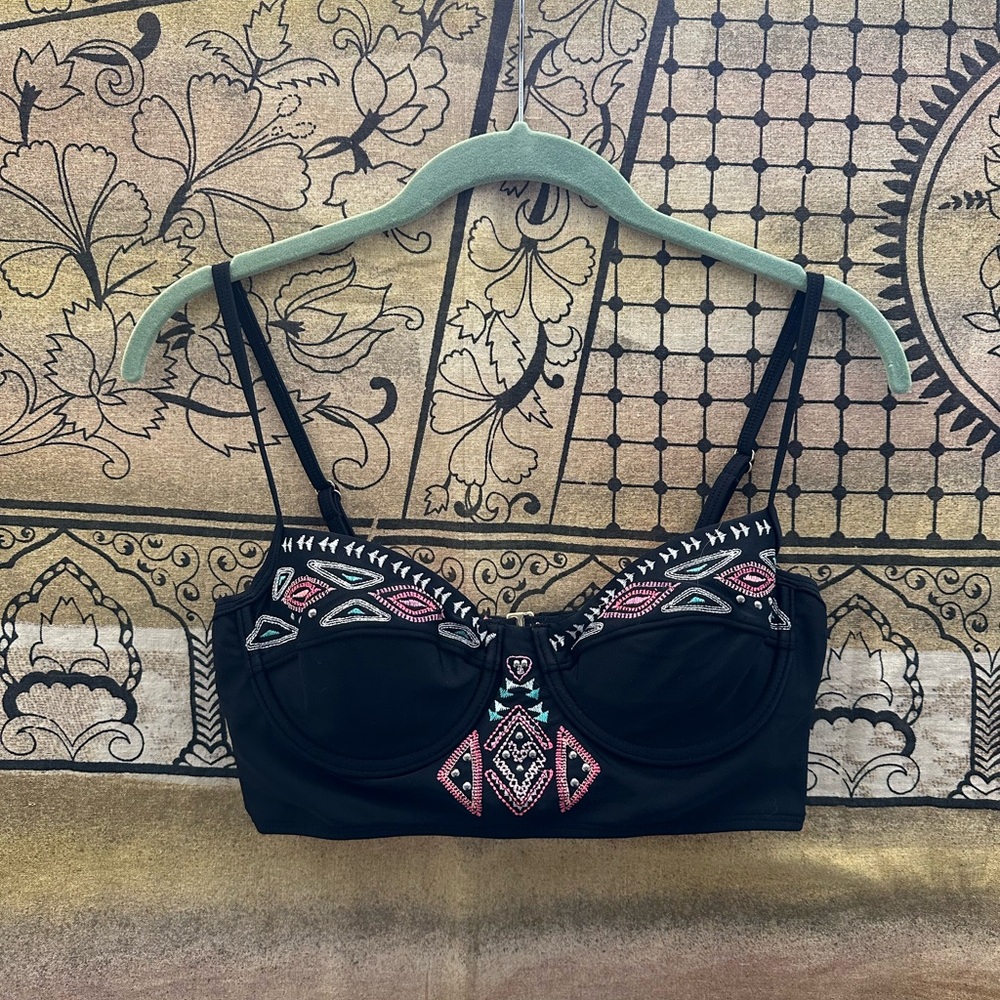 Xhilaration Black and Pink Embroidered Bikini Top